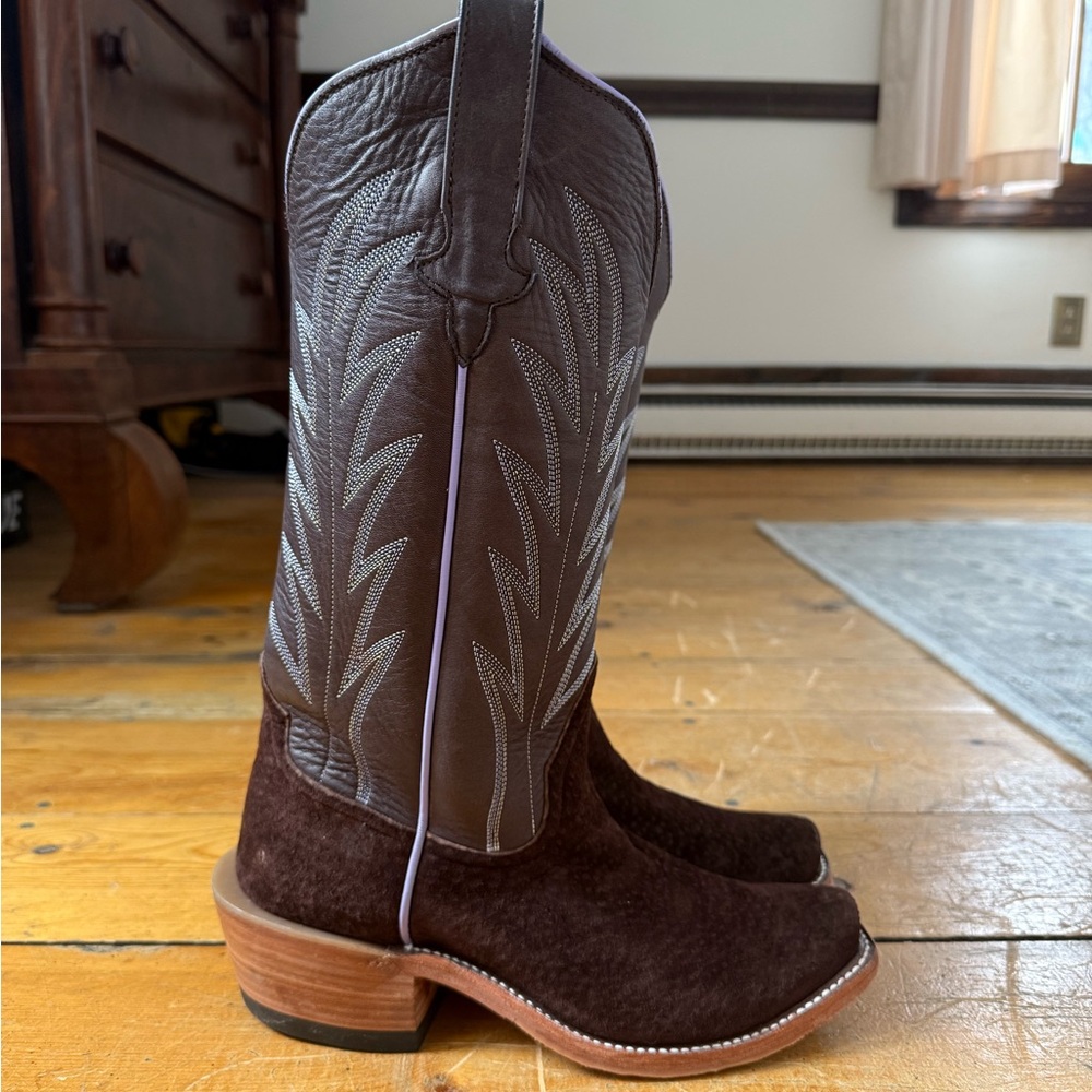 Rios of Mercedes Brown Suede & Leather Western Cowboy Boots with Lilac Piping